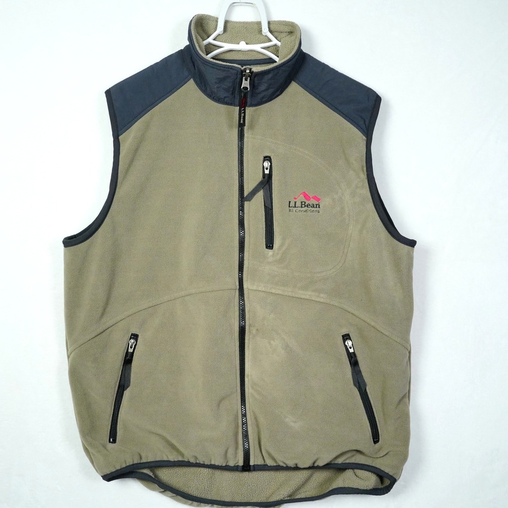 VTG LL Bean Outdoors All Conditions Fleece Vest Mens Large Tan Blue Made in USA